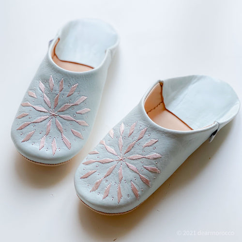 Babouche Embroidery Pale Blue// dear Morocco original leather slippers