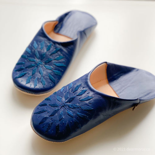 Babouche Embroidery Twilight Blue// dear Morocco original leather slippers